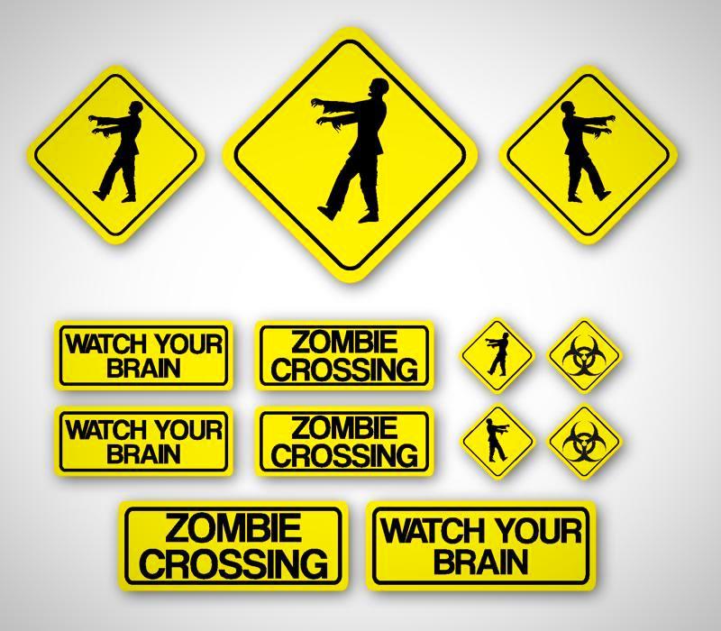 Zombie Sticker Set Warnung Hirn | 13 Teiliges Set | Schwarz Gelb
